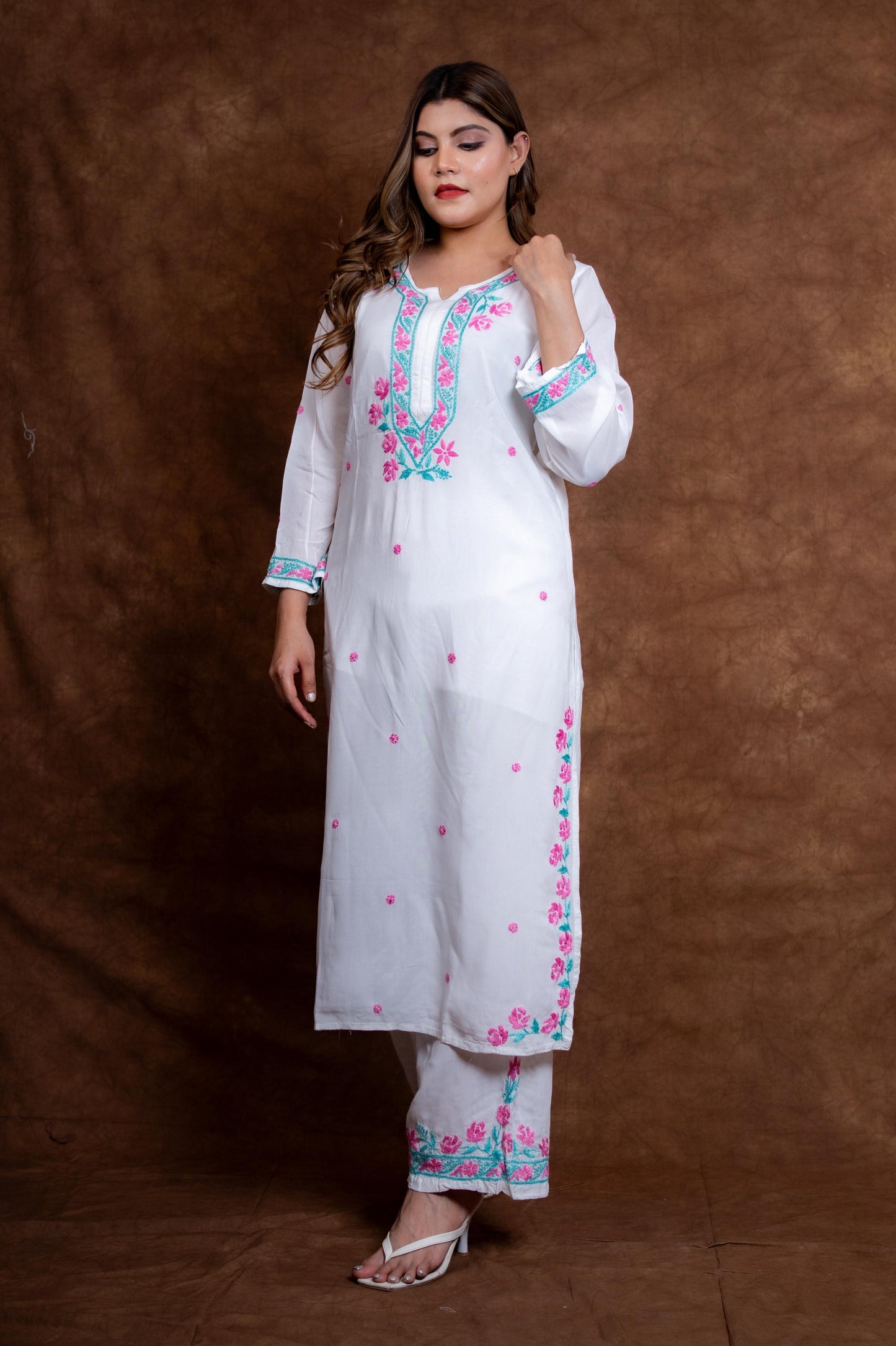 Haya Contrast Thread Chikan Embroidery Modal Kurti & Palazzo Set Designed By Samiya Chikankari