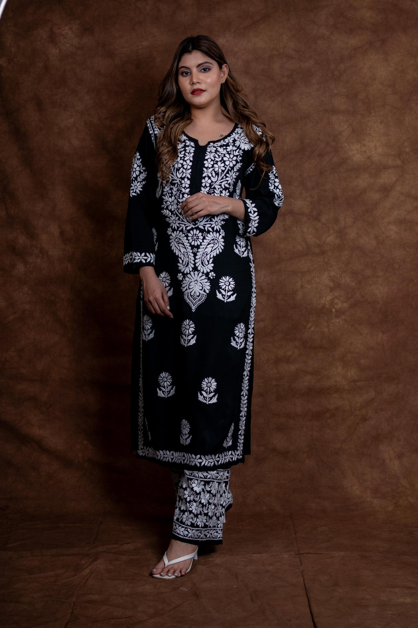 Nawabi Lucknow Chikankari Hand-Embroidered Black Rayon Kurti & Palazzo Set | Samiya Chikankari