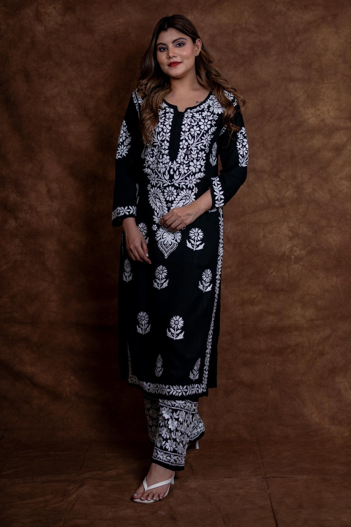 Nawabi Lucknow Chikankari Hand-Embroidered Black Rayon Kurti & Palazzo Set | Samiya Chikankari