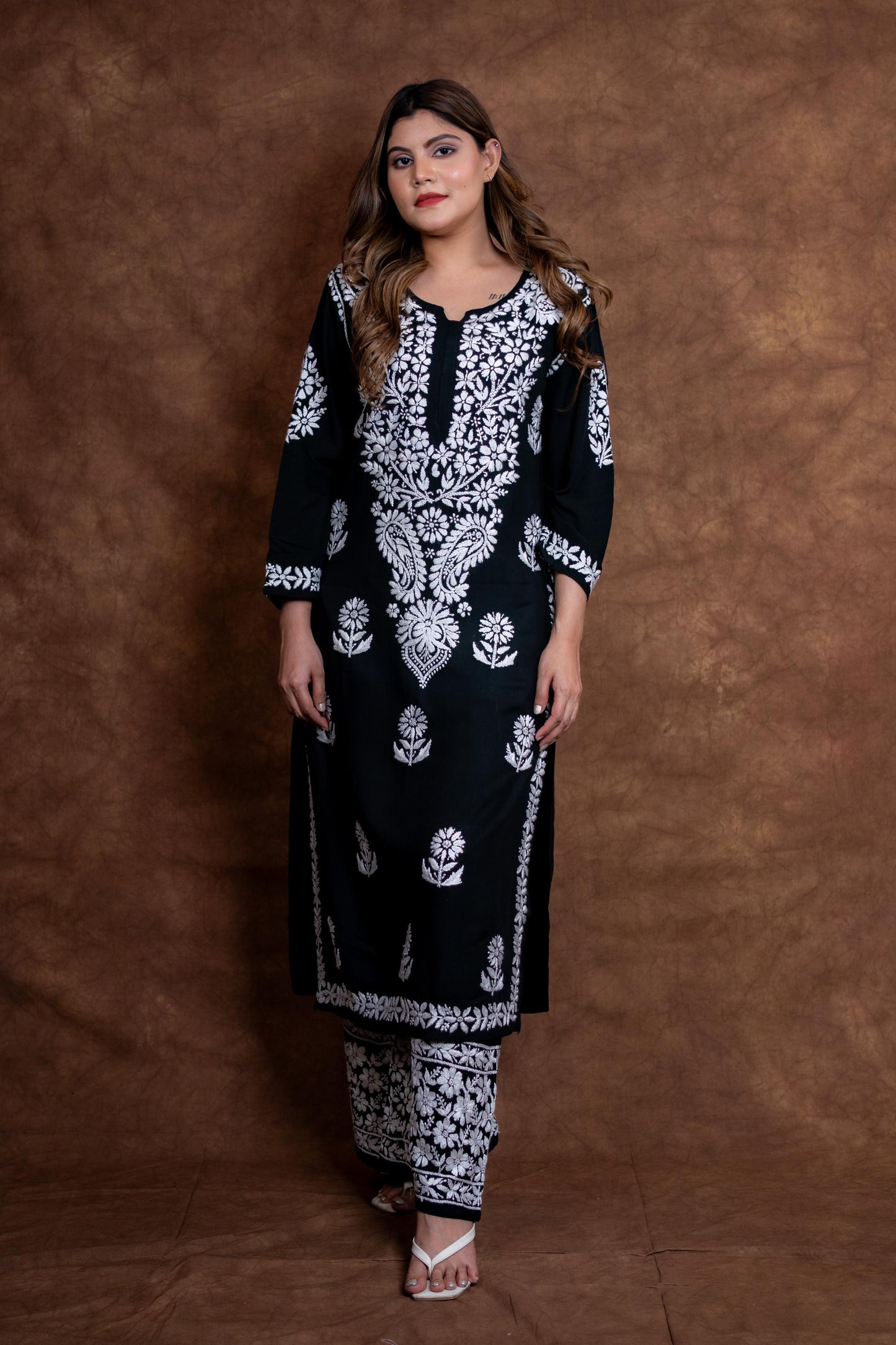 Nawabi Lucknow Chikankari Hand-Embroidered Black Rayon Kurti & Palazzo Set | Samiya Chikankari
