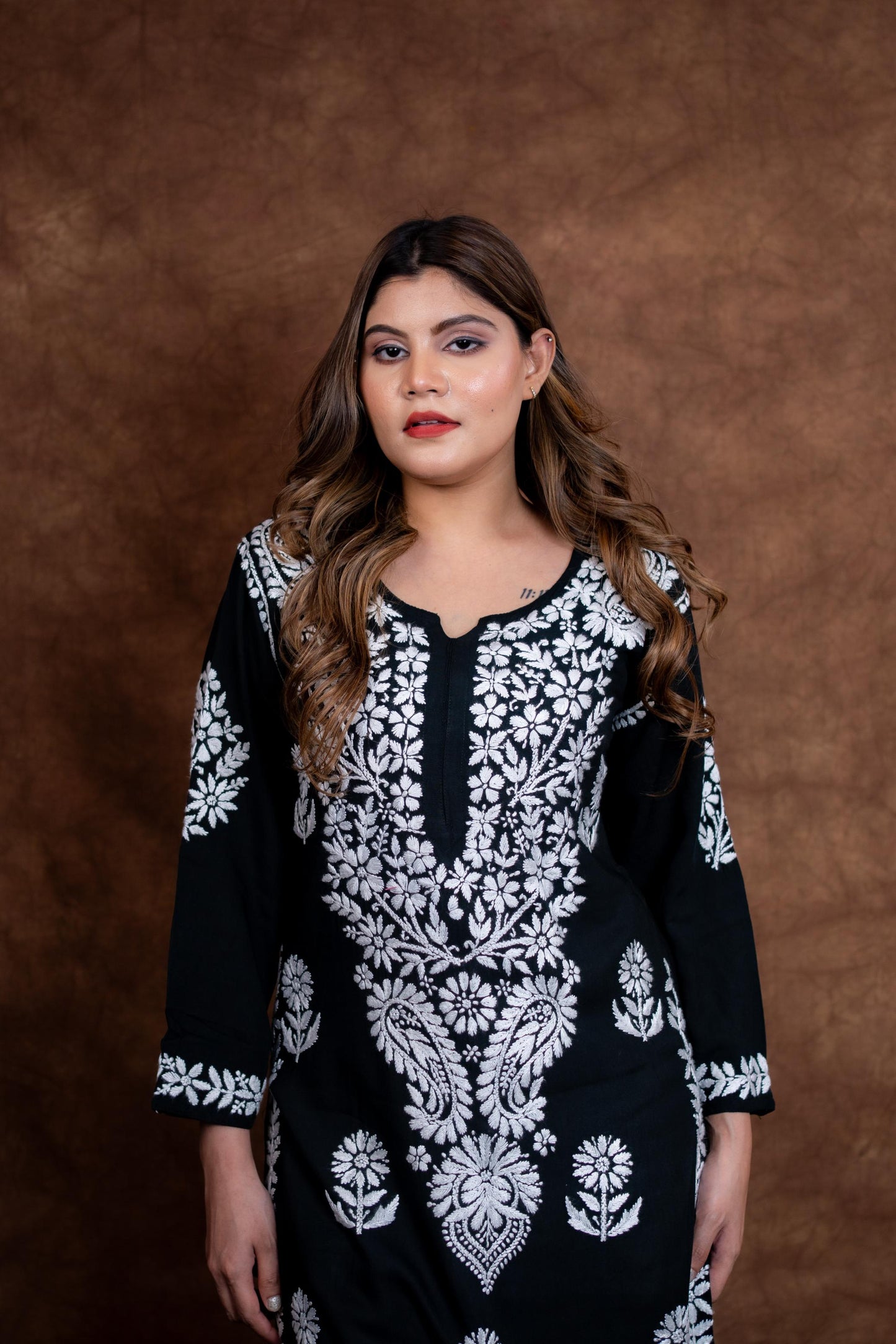Nawabi Lucknow Chikankari Hand-Embroidered Black Rayon Kurti & Palazzo Set | Samiya Chikankari