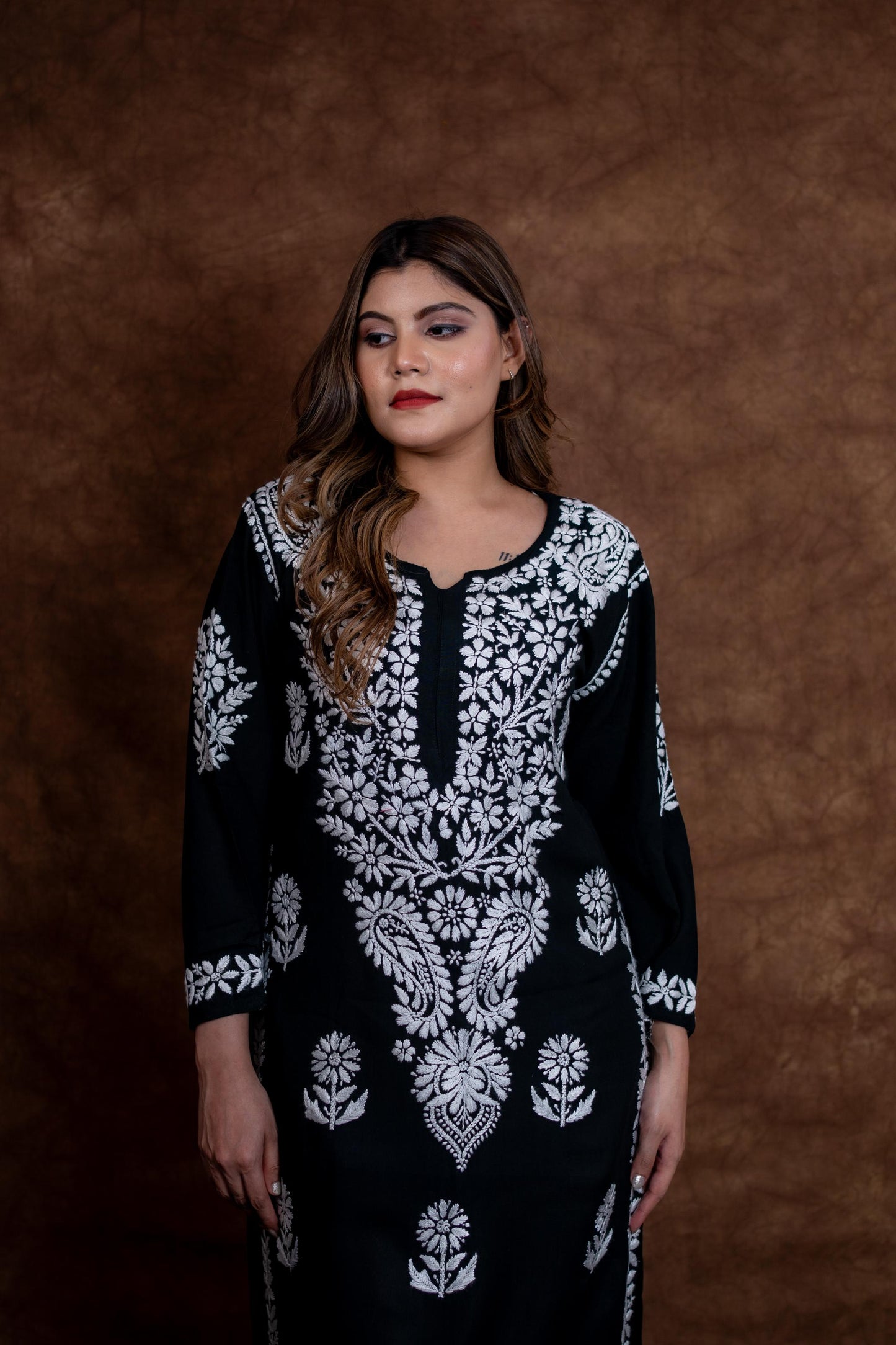 Nawabi Lucknow Chikankari Hand-Embroidered Black Rayon Kurti & Palazzo Set | Samiya Chikankari