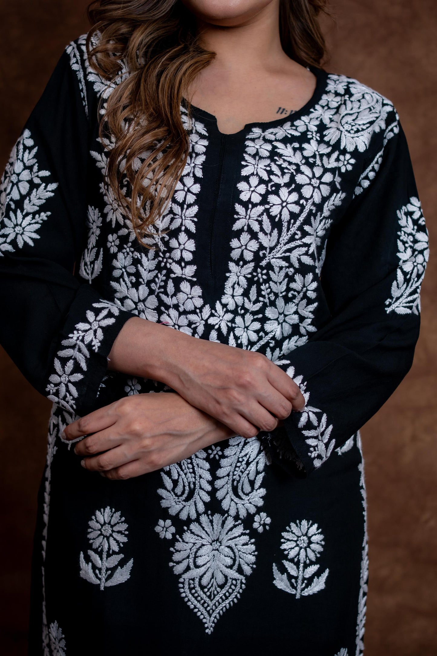 Nawabi Lucknow Chikankari Hand-Embroidered Black Rayon Kurti & Palazzo Set | Samiya Chikankari
