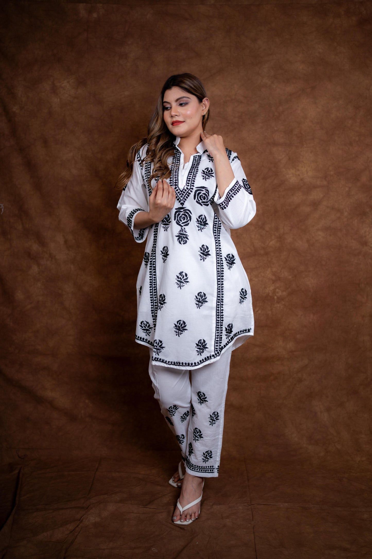 Meerab Handcrafted Chikankari Pure Cotton Short Kurti & Pant Co-Ord Set Designed by Samiya chikankari