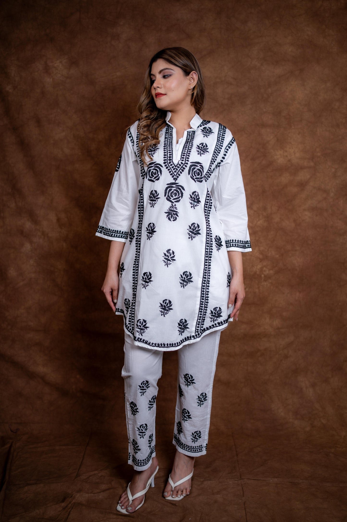 Meerab Handcrafted Chikankari Pure Cotton Short Kurti & Pant Co-Ord Set Designed by Samiya chikankari