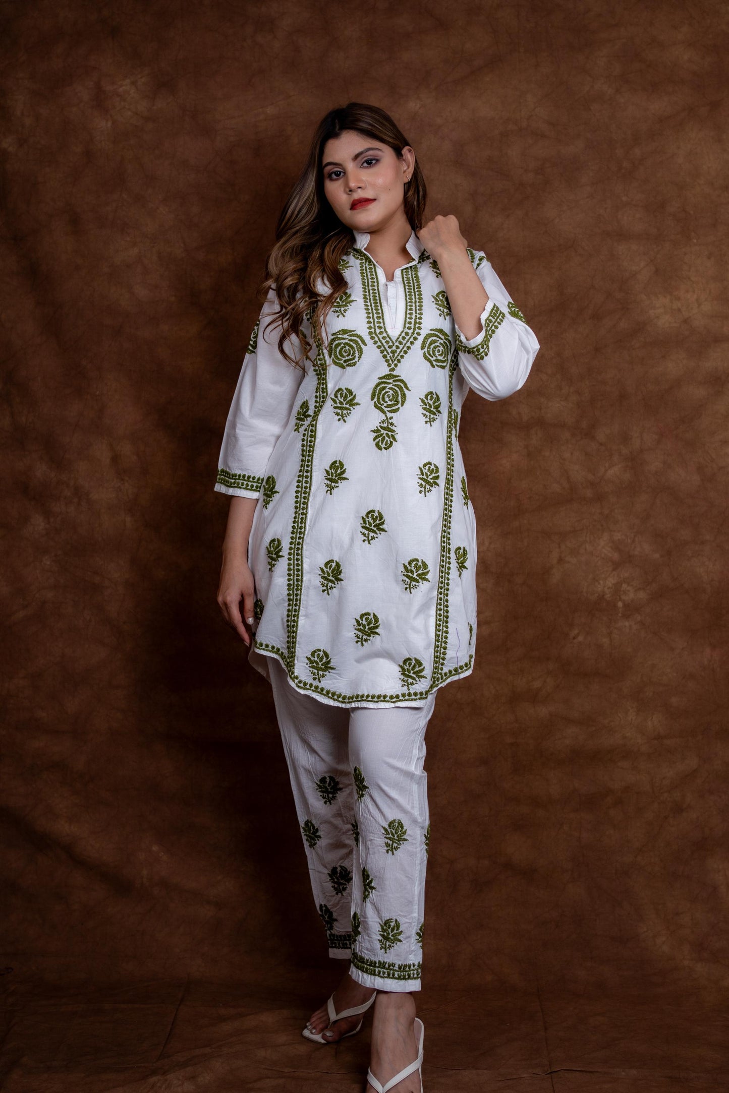 Meerab Handcrafted Chikankari Pure Cotton Short Kurti & Pant Co-Ord Set Designed by Samiya chikankari