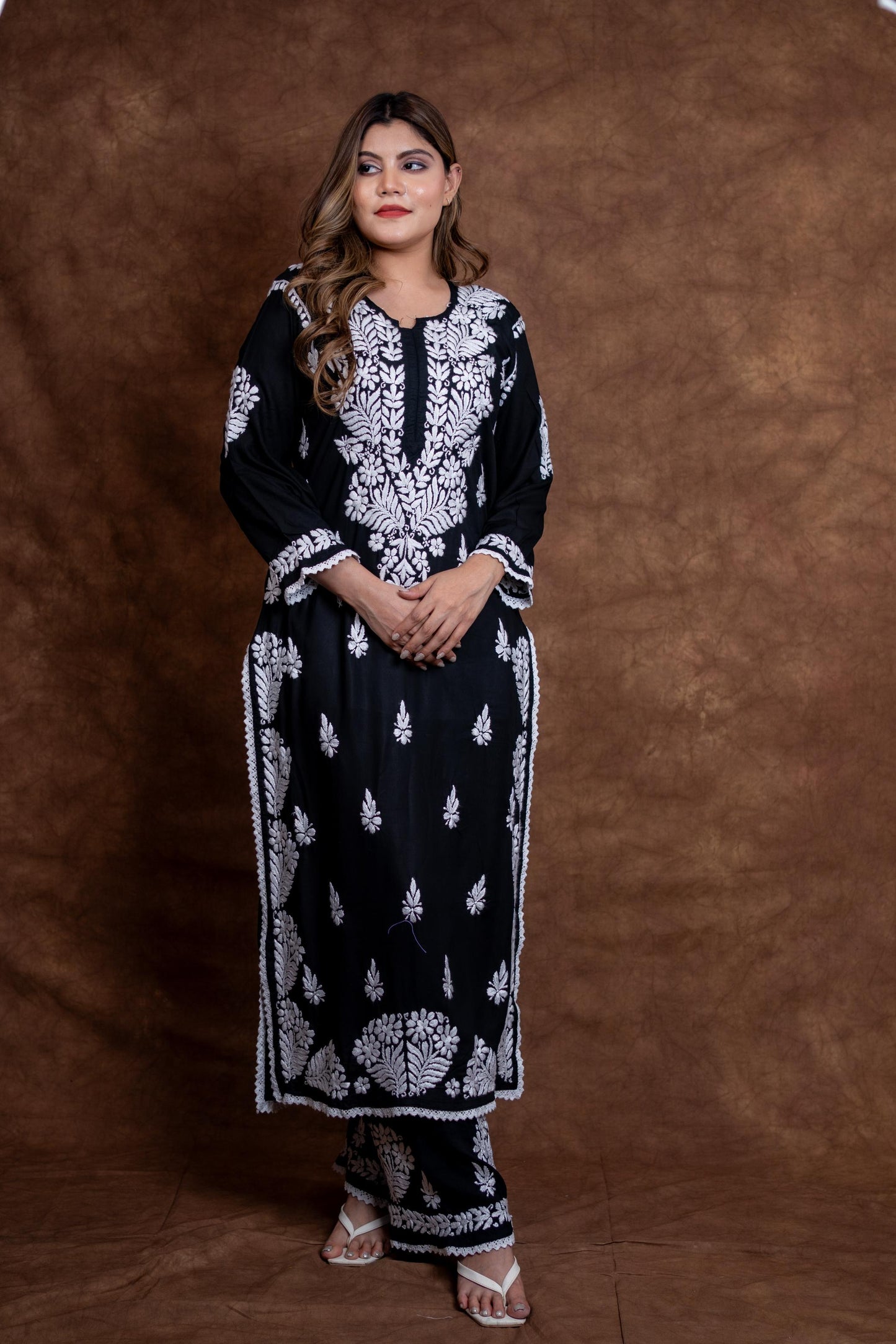 Firdaus Black Modal Kurti & Palazzo Set Lucknowi Chikankari | Hand-Embroidered