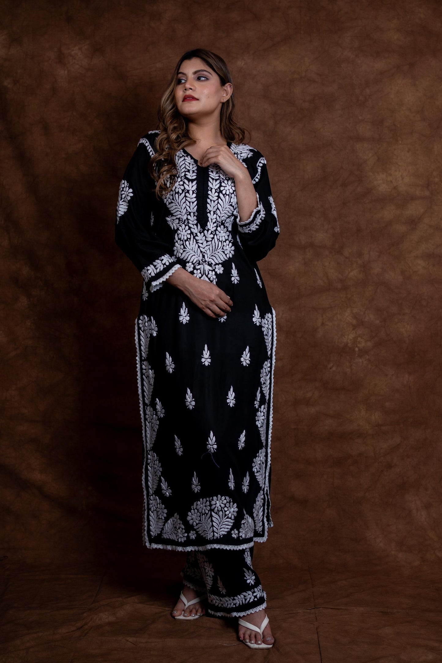 Firdaus Black Modal Kurti & Palazzo Set Lucknowi Chikankari | Hand-Embroidered