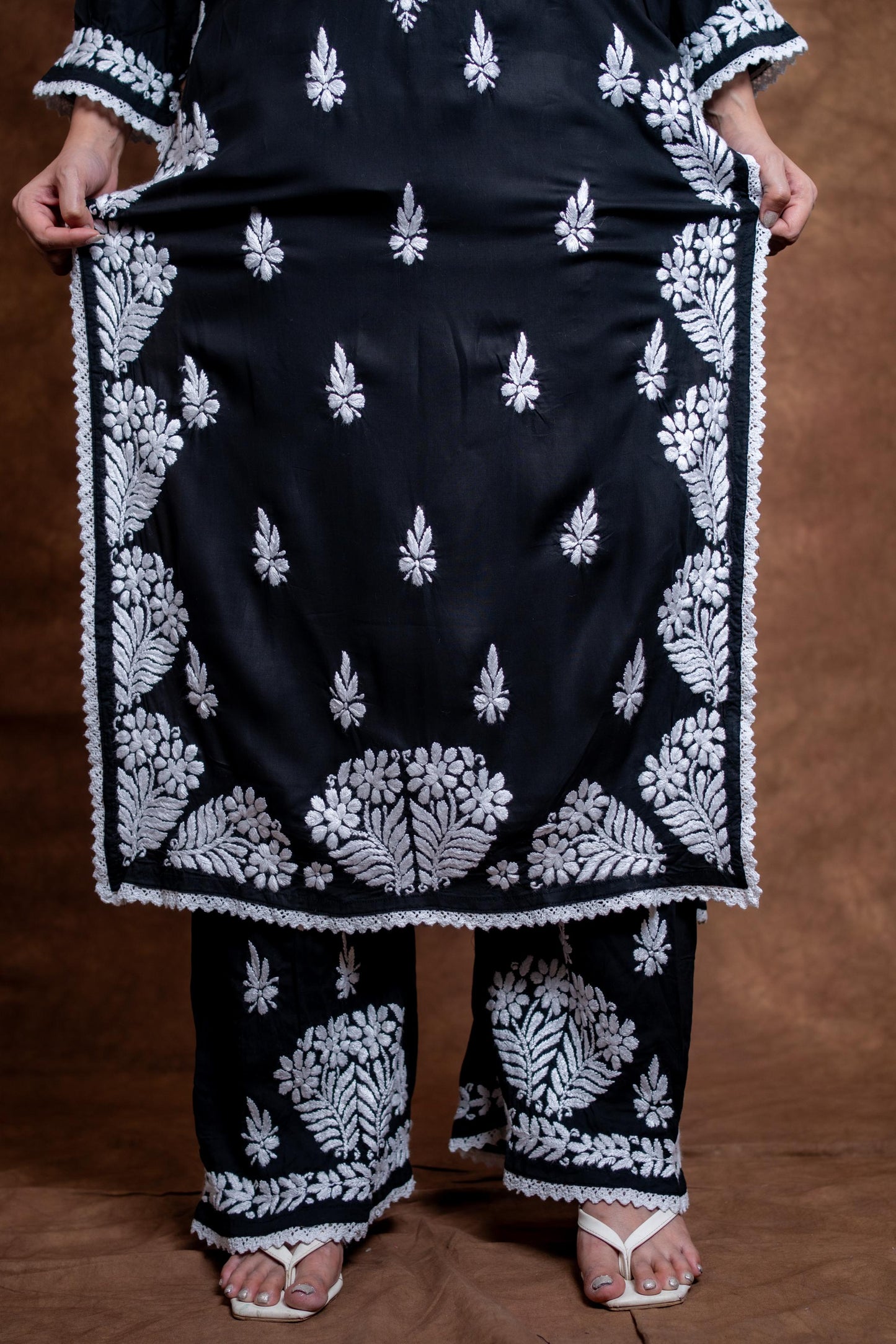 Firdaus Black Modal Kurti & Palazzo Set Lucknowi Chikankari | Hand-Embroidered