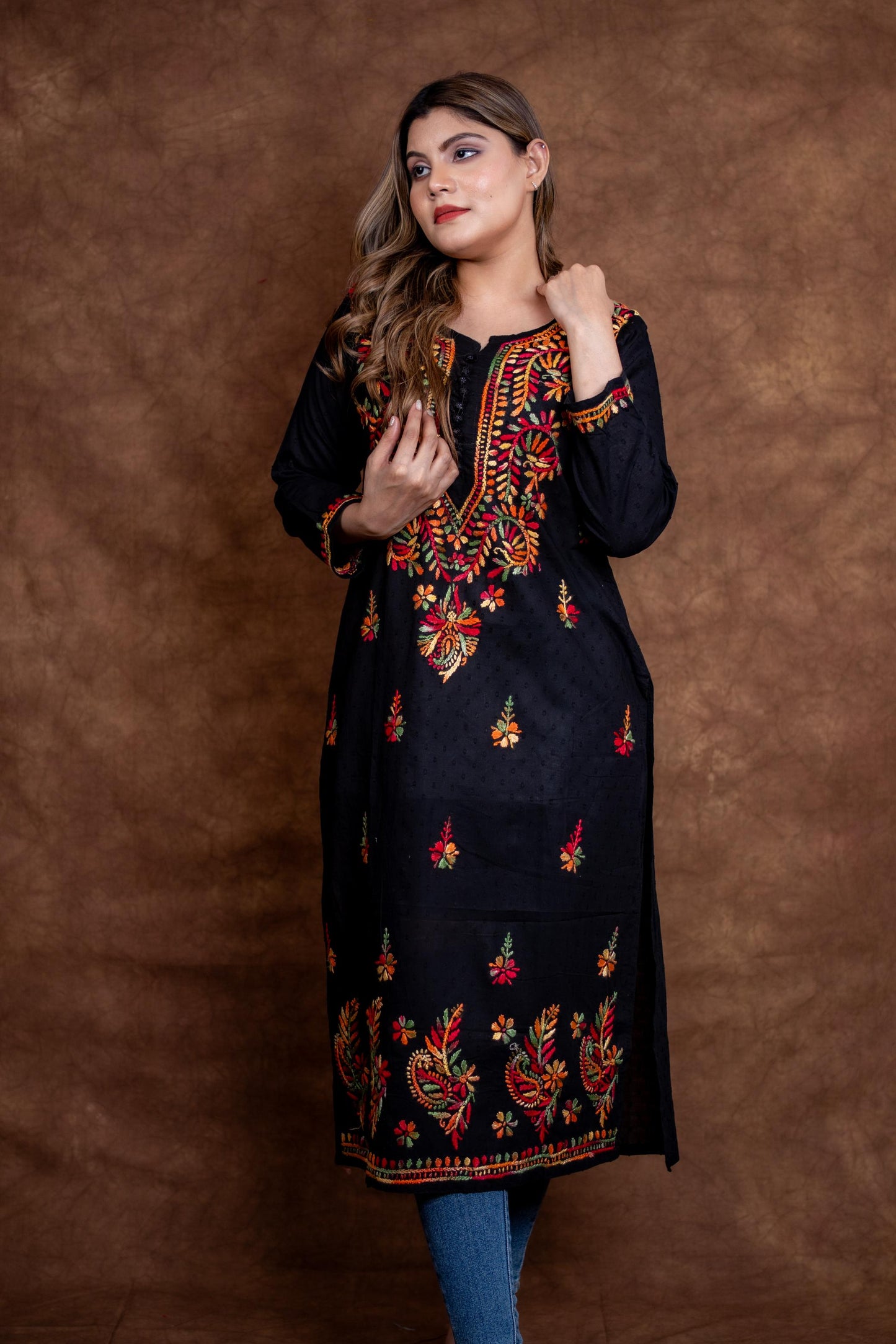 Zara Multi-Color Thread Hand-Embroidered Black Dobby Cotton Kurti Designed by Samiya Chikankari