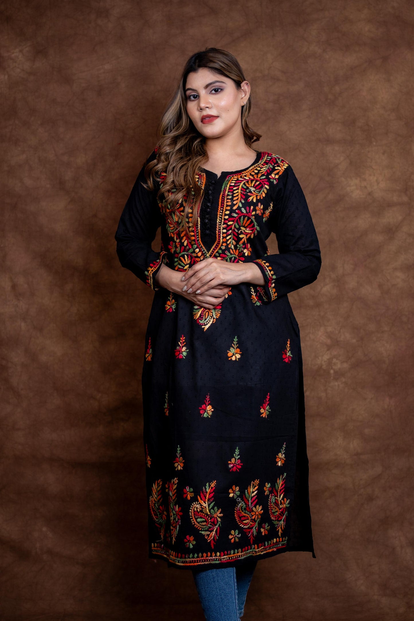 Zara Multi-Color Thread Hand-Embroidered Black Dobby Cotton Kurti Designed by Samiya Chikankari