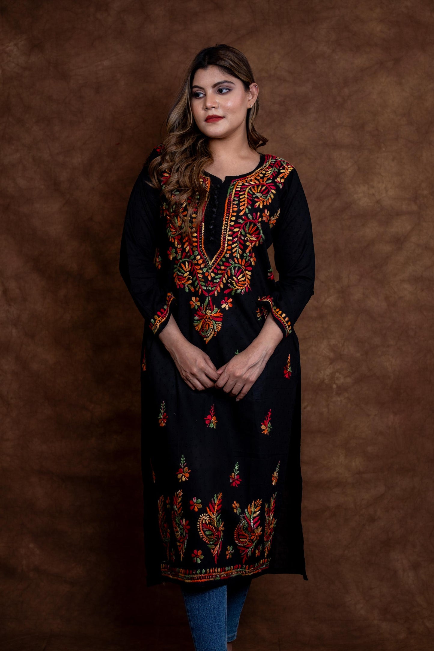 Zara Multi-Color Thread Hand-Embroidered Black Dobby Cotton Kurti Designed by Samiya Chikankari