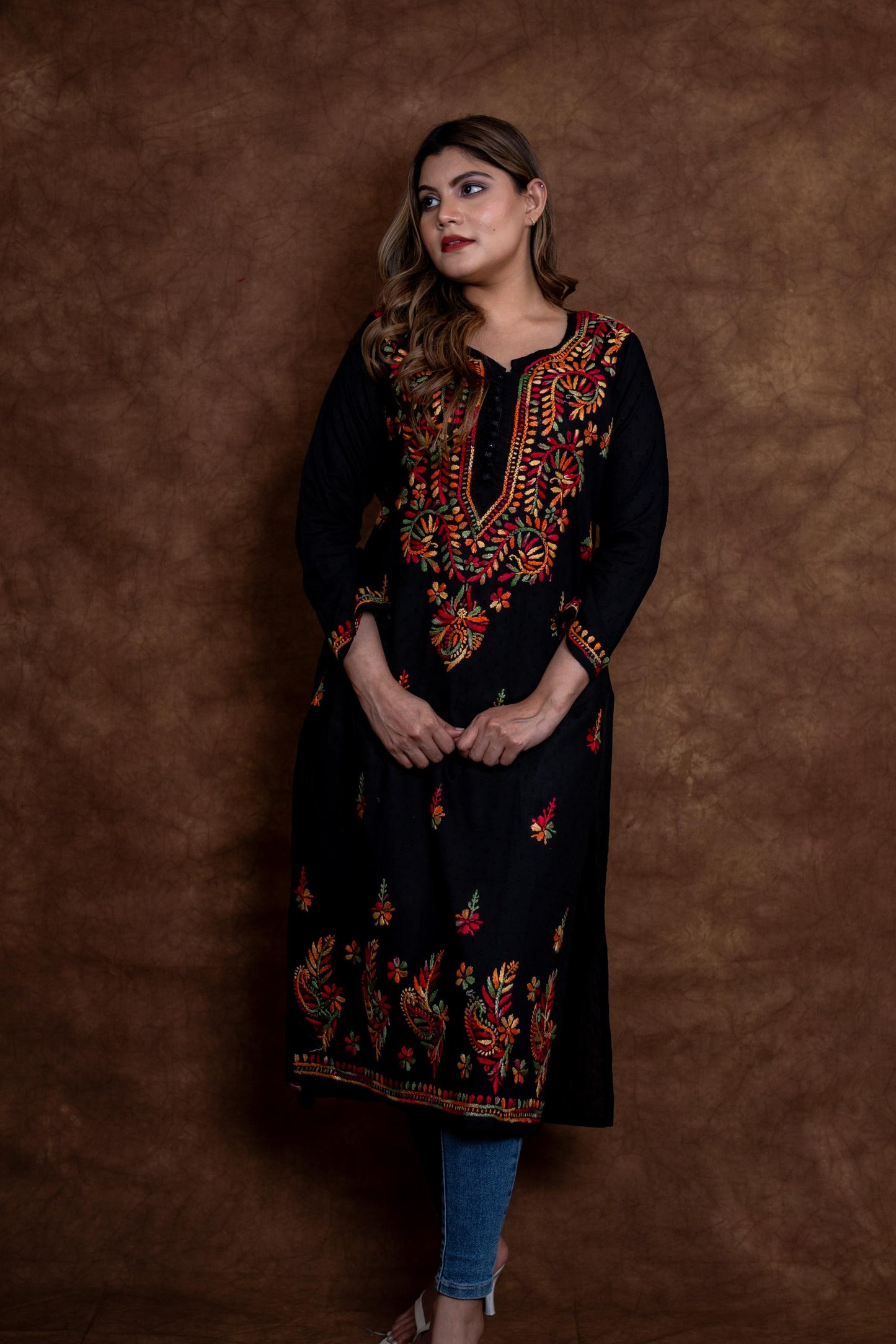 Zara Multi-Color Thread Hand-Embroidered Black Dobby Cotton Kurti Designed by Samiya Chikankari