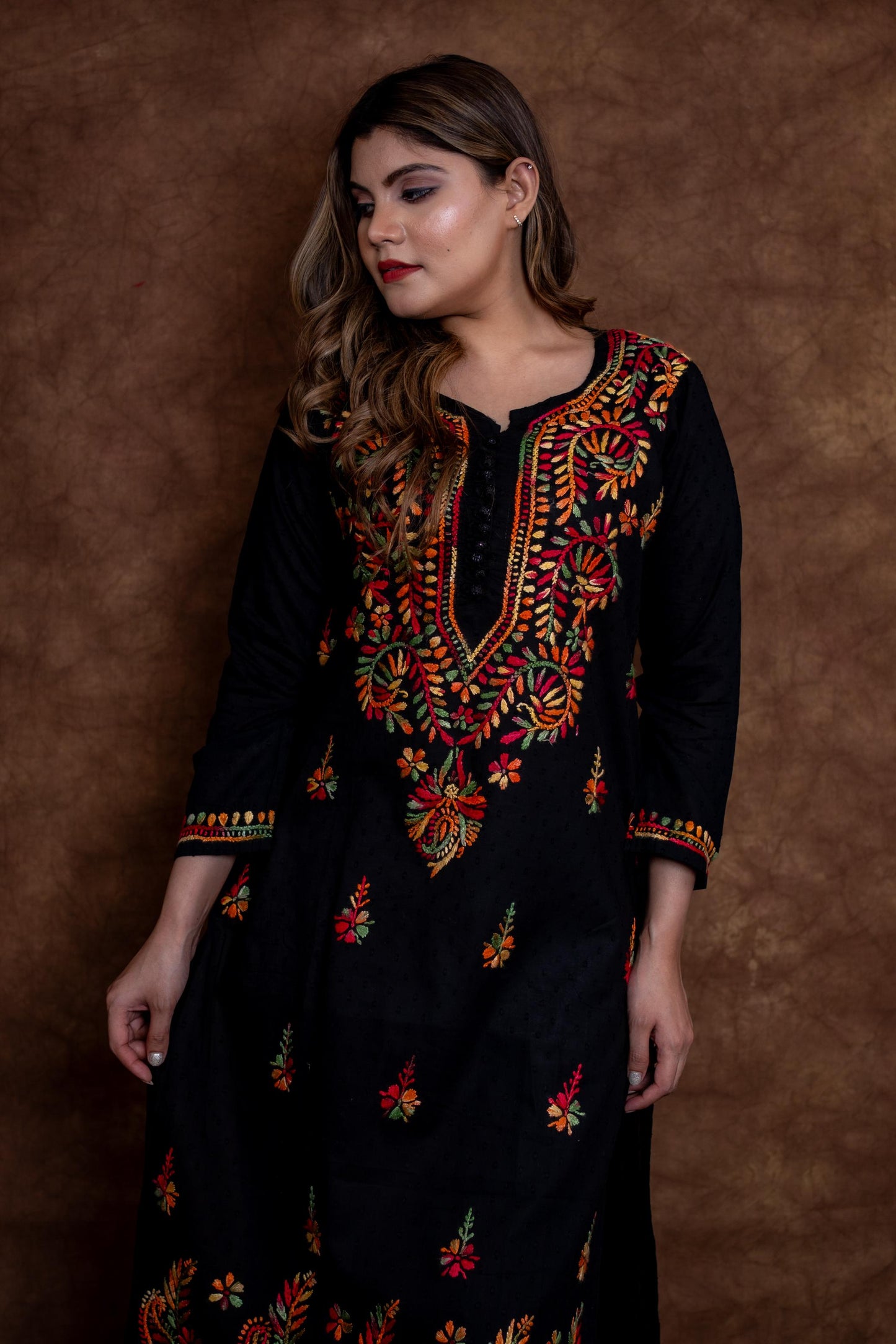 Zara Multi-Color Thread Hand-Embroidered Black Dobby Cotton Kurti Designed by Samiya Chikankari