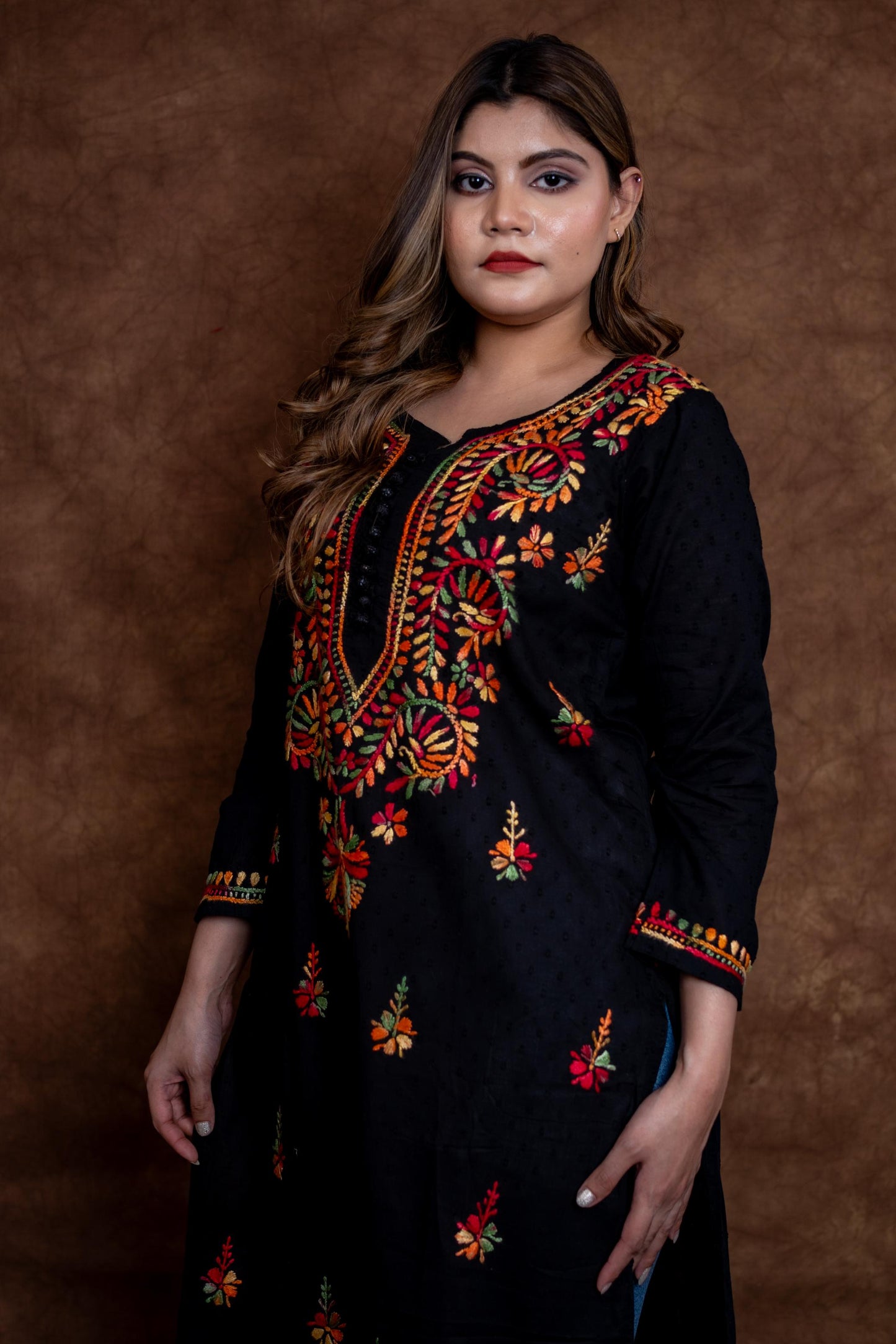 Zara Multi-Color Thread Hand-Embroidered Black Dobby Cotton Kurti Designed by Samiya Chikankari