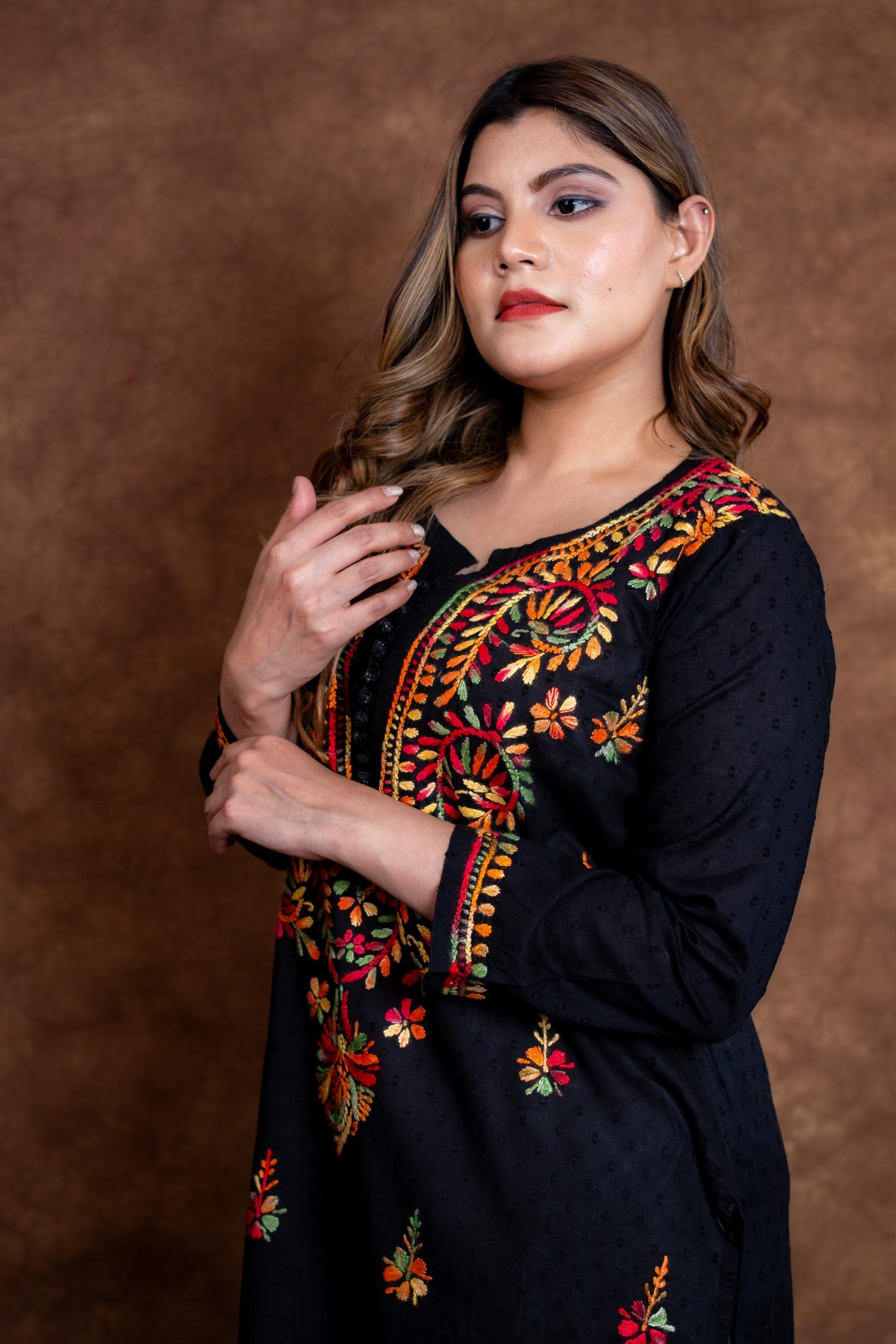 Zara Multi-Color Thread Hand-Embroidered Black Dobby Cotton Kurti Designed by Samiya Chikankari