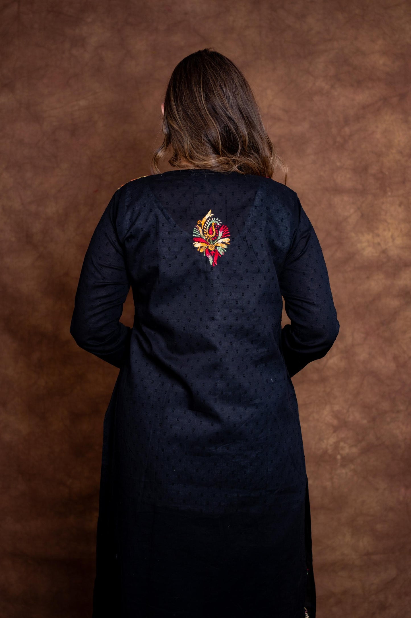 Zara Multi-Color Thread Hand-Embroidered Black Dobby Cotton Kurti Designed by Samiya Chikankari