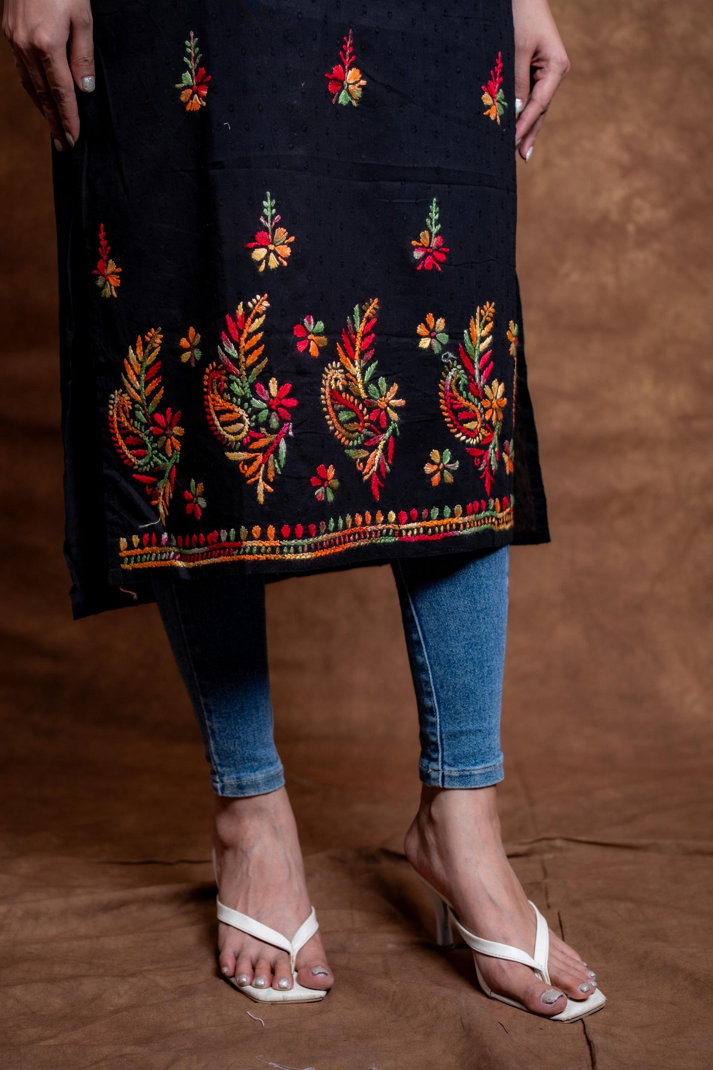 Zara Multi-Color Thread Hand-Embroidered Black Dobby Cotton Kurti Designed by Samiya Chikankari