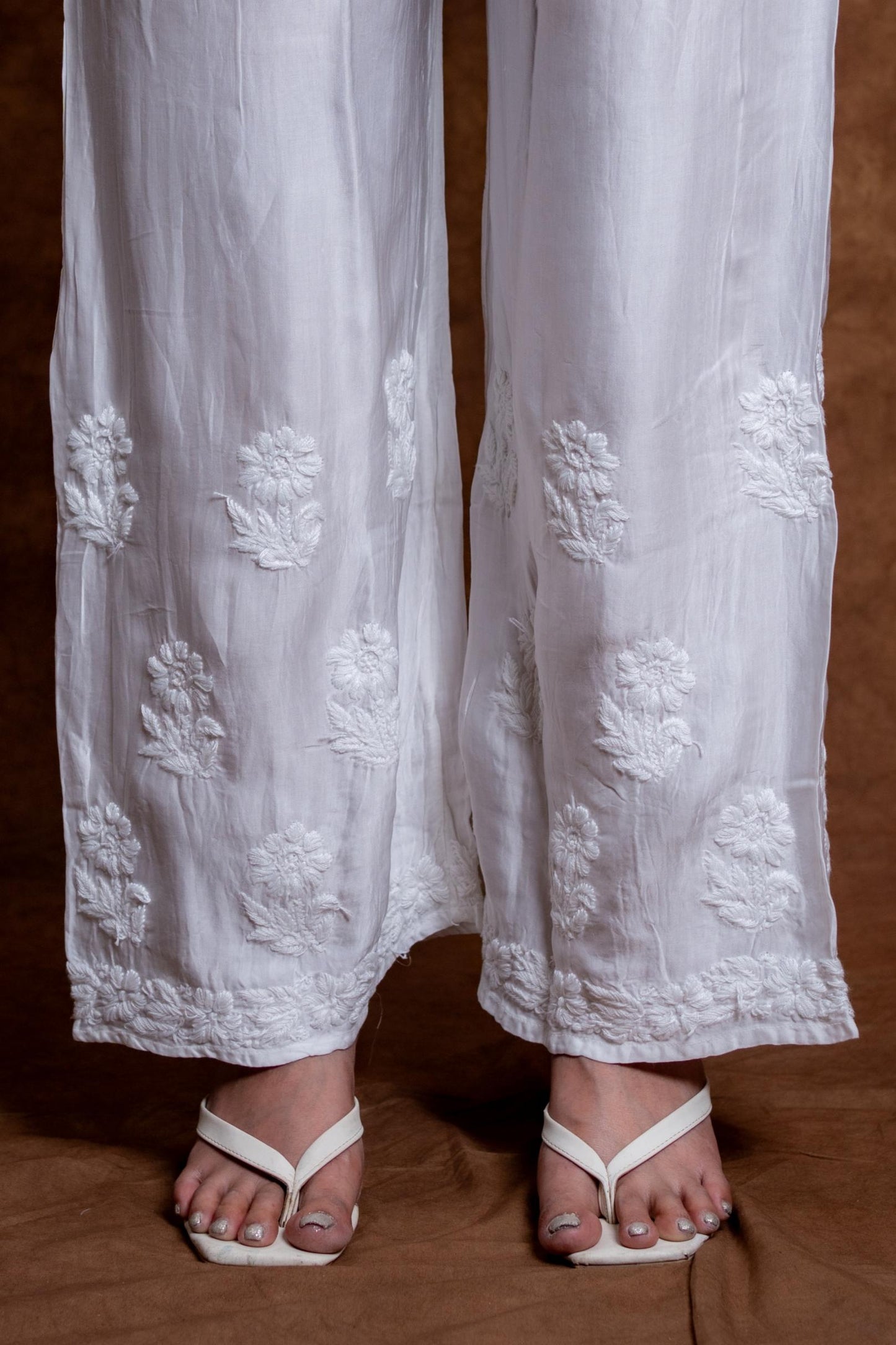 Samiya Chikankari Short Kurti and Palazzo Co-Ord Set on Pure White Premium Modal Satan Fabric