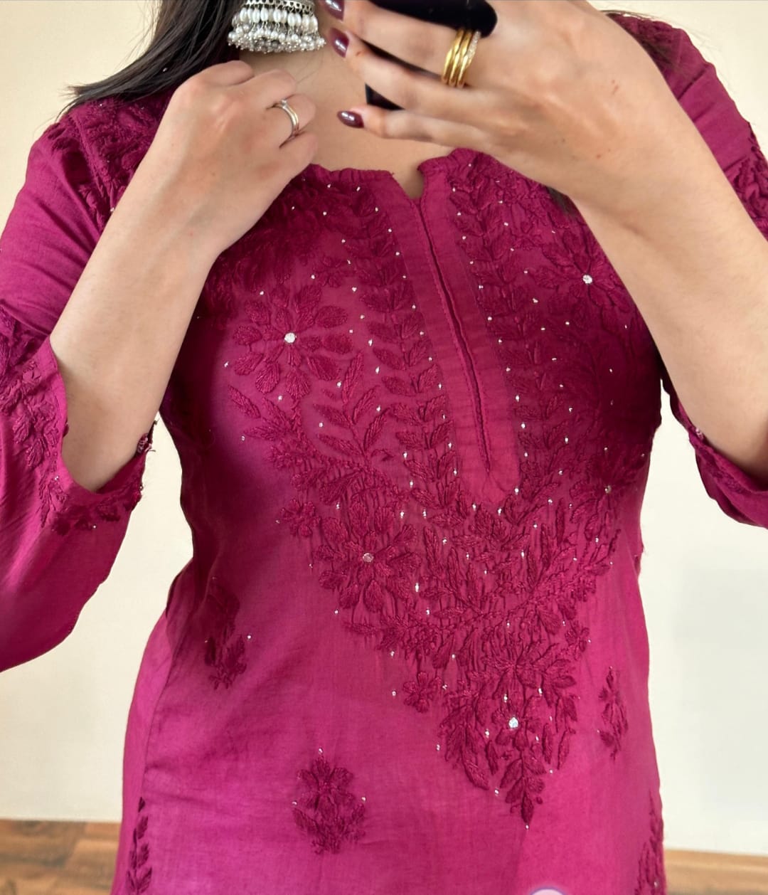 Samiya Exclusive Chanderi Mukaish Hand-Embroidered Kurti and Pant Set | Stretchable Lycra Pant