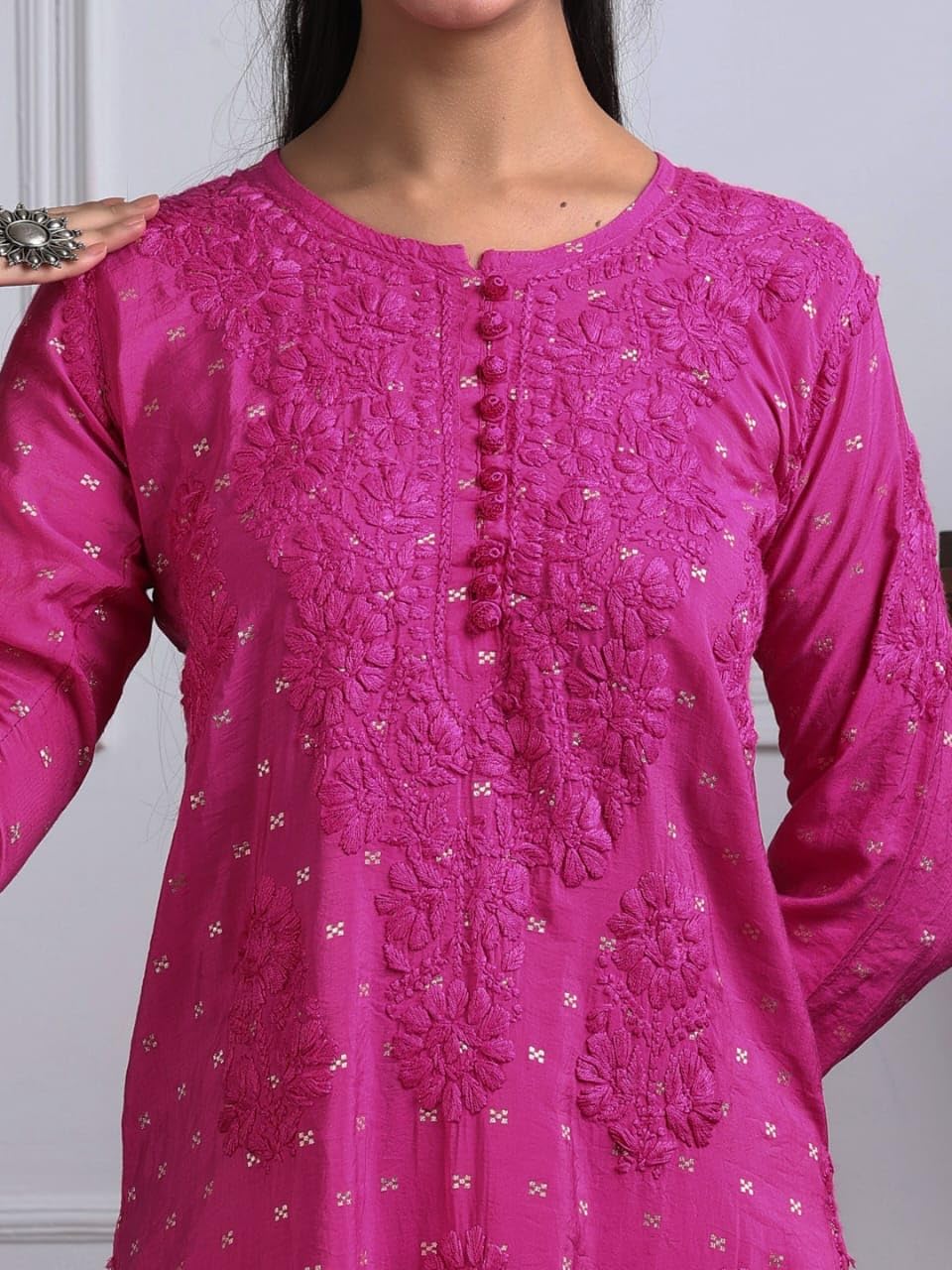Samiya Chikankari Women's Premium Chanderi Chikankari Kurti and Palazzo Set with Intricate Handwork