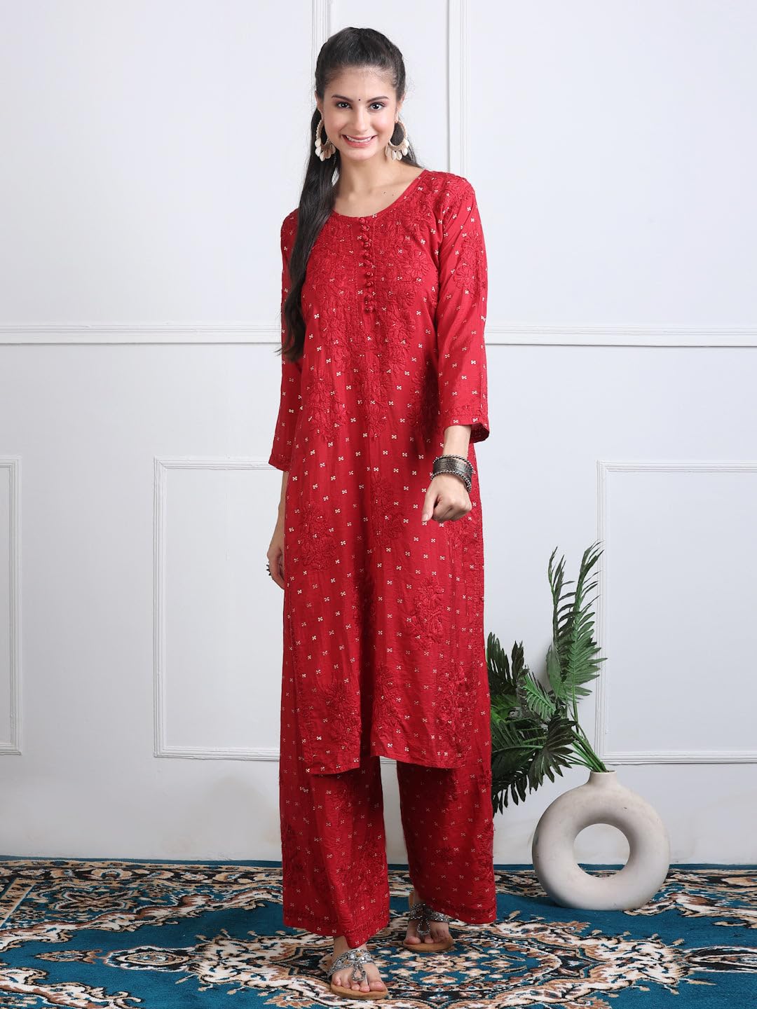 Samiya Chikankari Women's Premium Chanderi Chikankari Kurti and Palazzo Set with Intricate Handwork