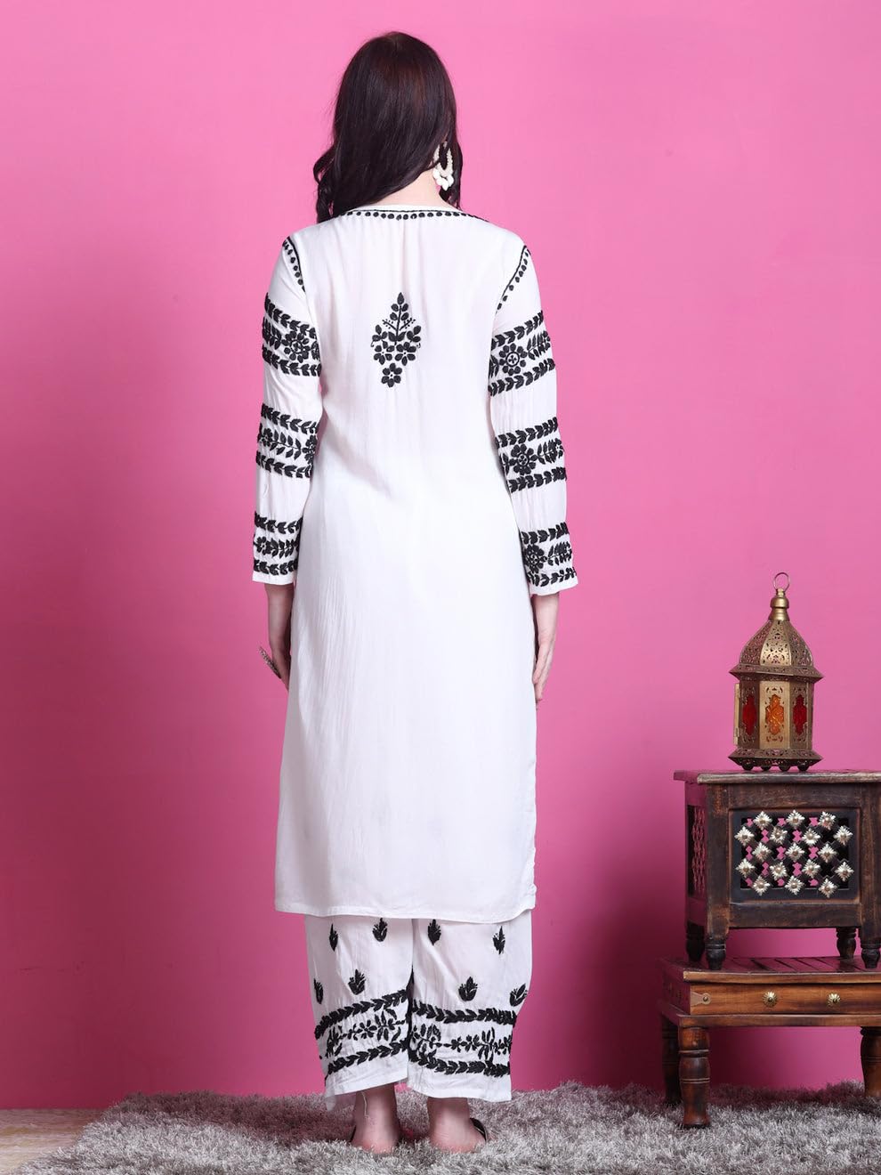Samiya Chikankari Lucknowi Hand Embroided White Modal Kurti and Palazzo Set - Embroidery in Black Colour