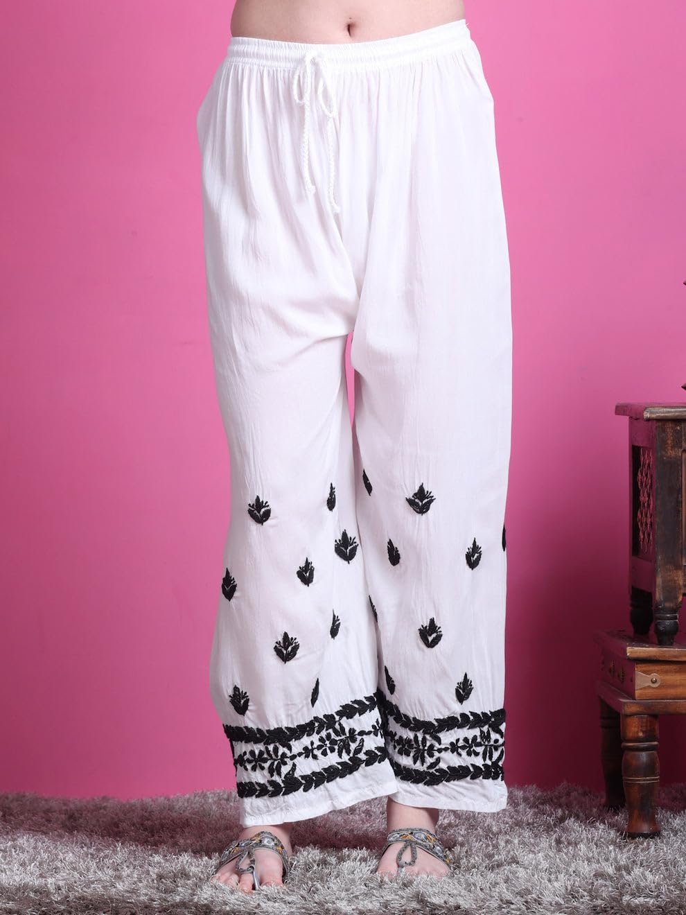 Samiya Chikankari Lucknowi Hand Embroided White Modal Kurti and Palazzo Set - Embroidery in Black Colour