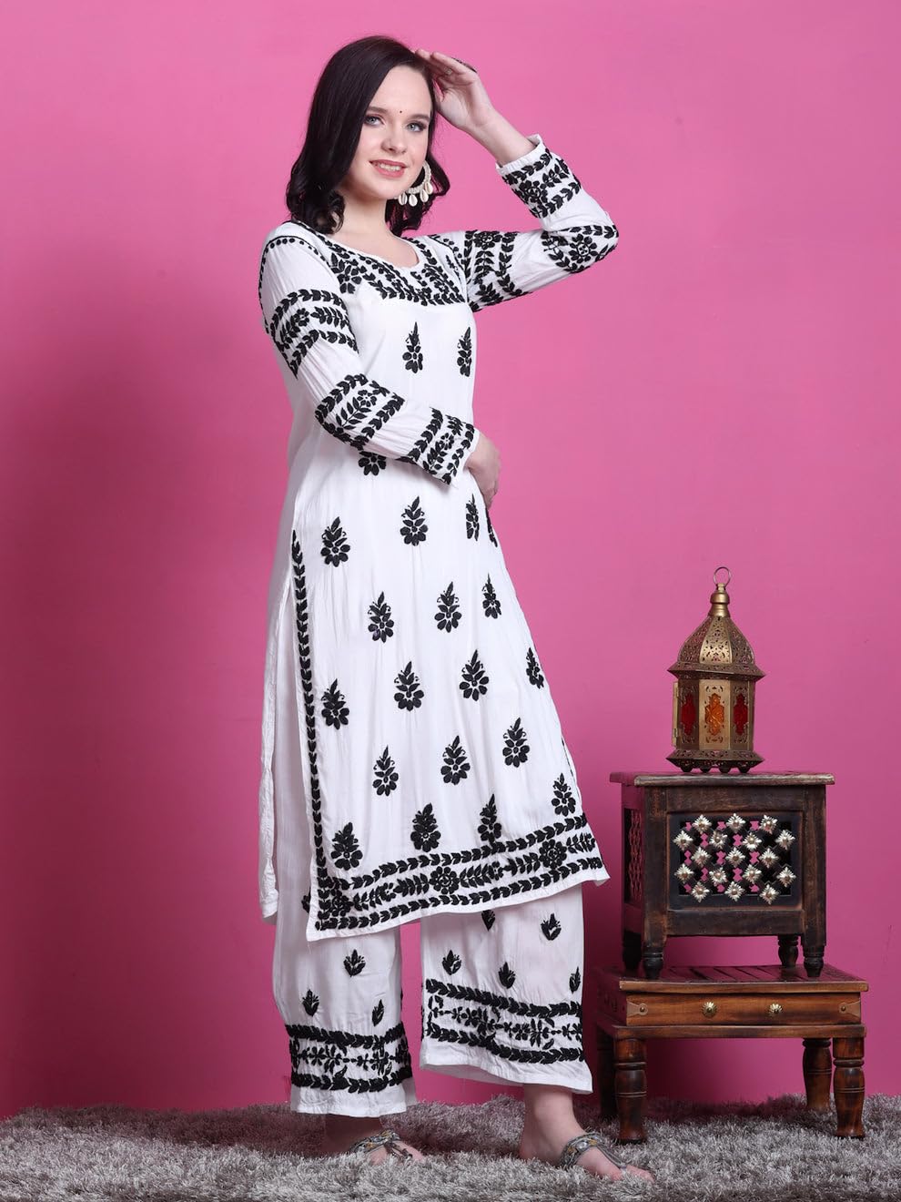 Samiya Chikankari Lucknowi Hand Embroided White Modal Kurti and Palazzo Set - Embroidery in Black Colour