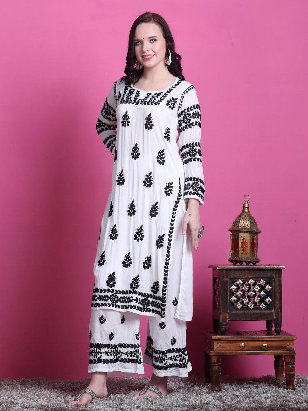 Samiya Chikankari Lucknowi Hand Embroided White Modal Kurti and Palazzo Set - Embroidery in Black Colour