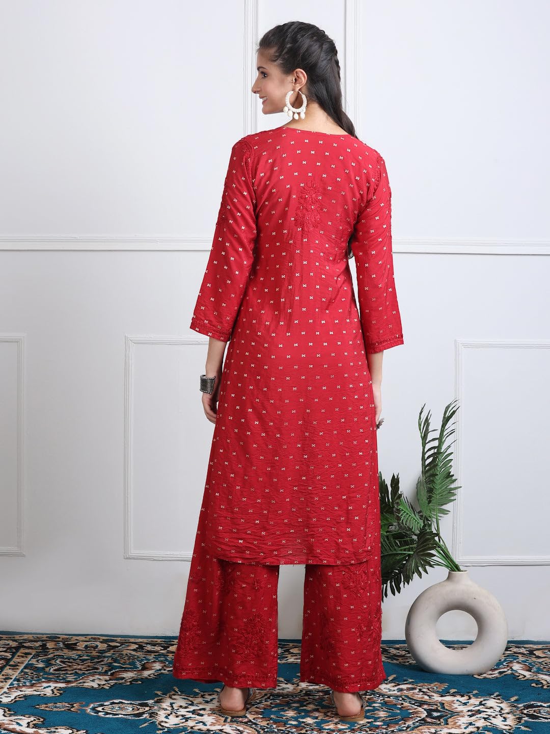 Samiya Chikankari Women's Premium Chanderi Chikankari Kurti and Palazzo Set with Intricate Handwork