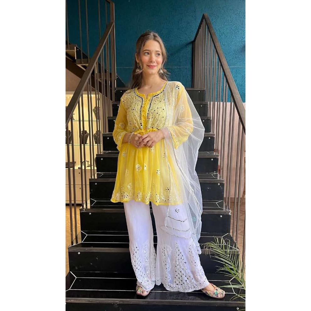 Samiya Chikankari Handmade Mirror Work Short Gown with Sharara and Mirror Work Dupatta - 3pc Set