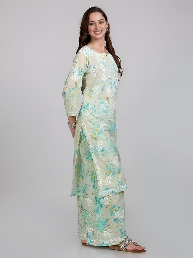 Samiya Chikankari Lucknowi Hand Embroidered Mulmul Kurti & Palazzo Set – Ghas Patti Chikan Work Handmade