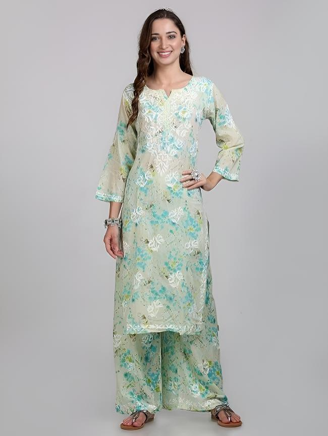 Samiya Chikankari Lucknowi Hand Embroidered Mulmul Kurti & Palazzo Set – Ghas Patti Chikan Work Handmade