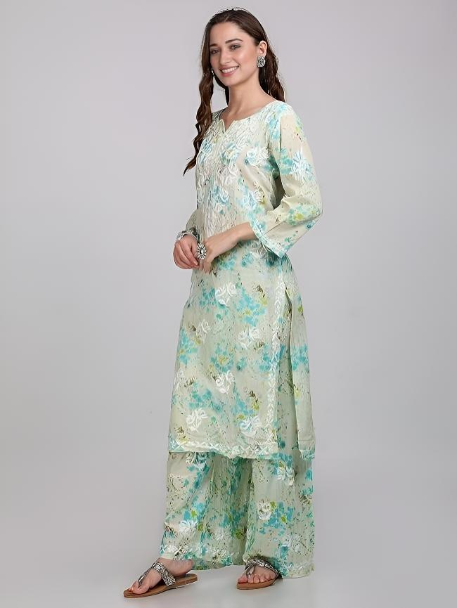 Samiya Chikankari Lucknowi Hand Embroidered Mulmul Kurti & Palazzo Set – Ghas Patti Chikan Work Handmade