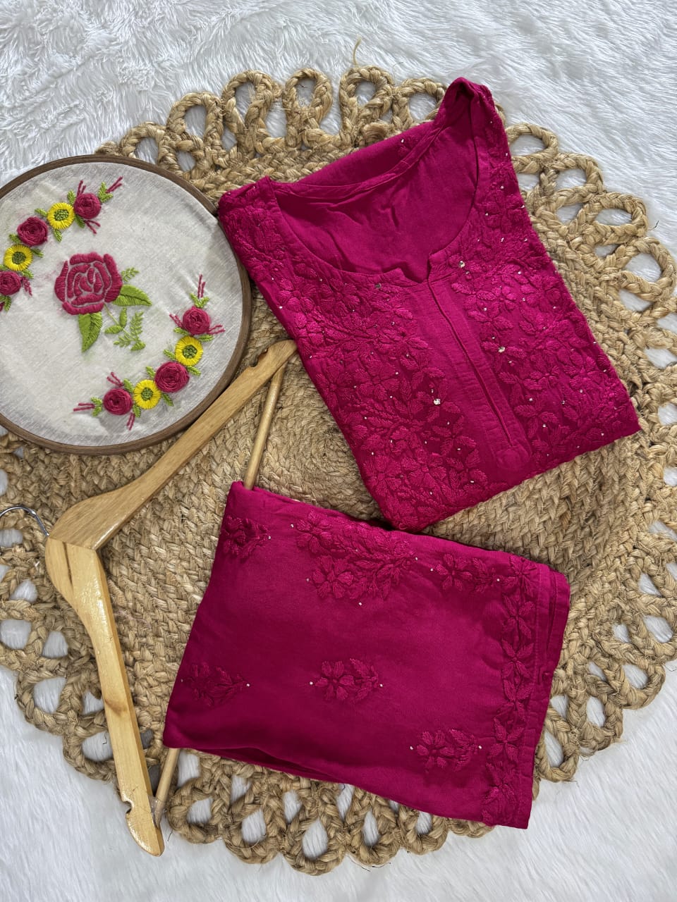 Firdous Rayon Mukaish Hand-Embroidered Kurti and Palazzo Set Design By Samiya Chikankari | Limited Edition