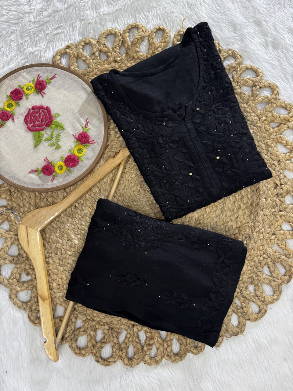 Firdous Rayon Mukaish Hand-Embroidered Kurti and Palazzo Set Design By Samiya Chikankari | Limited Edition
