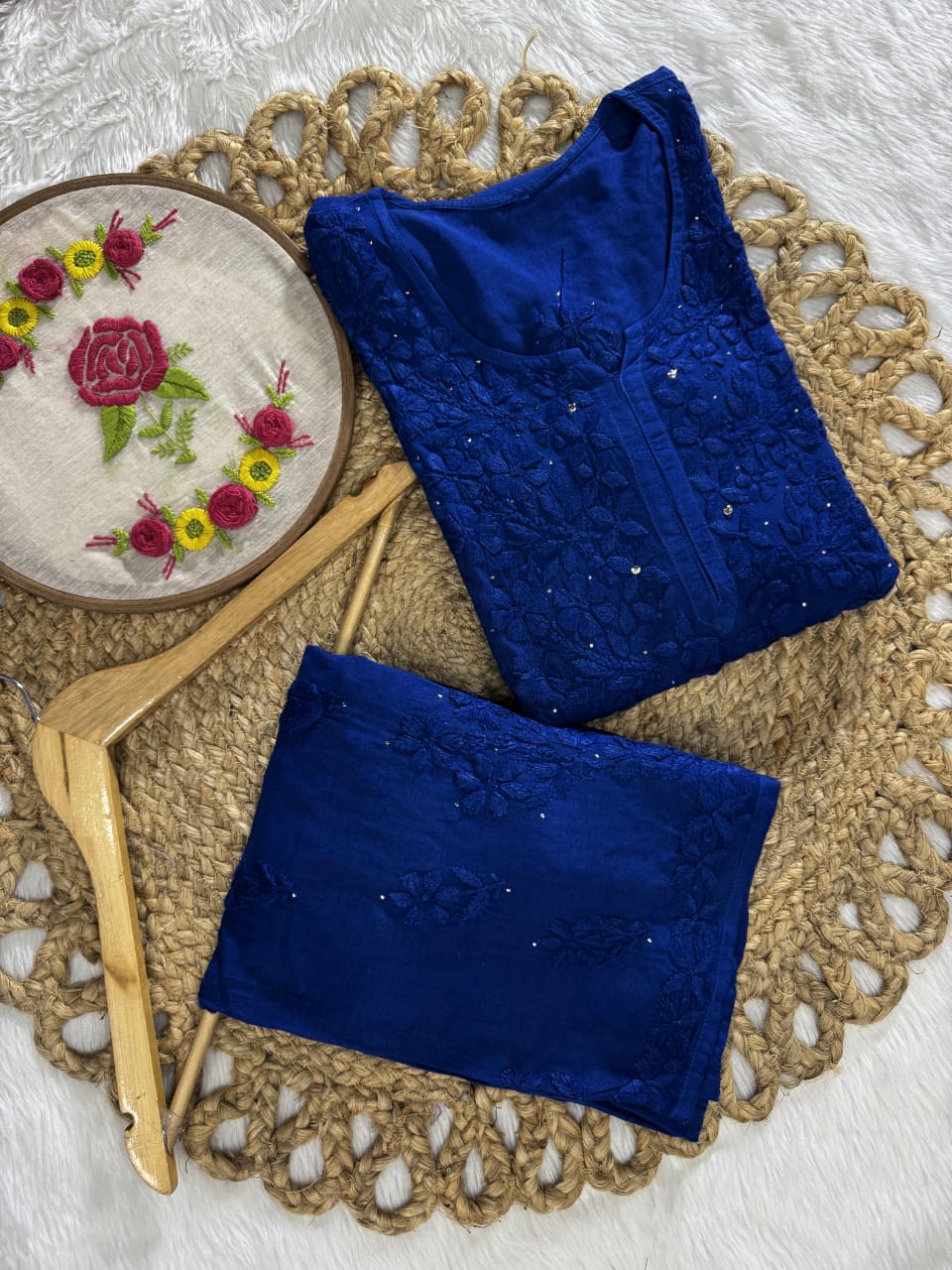 Firdous Rayon Mukaish Hand-Embroidered Kurti and Palazzo Set Design By Samiya Chikankari | Limited Edition