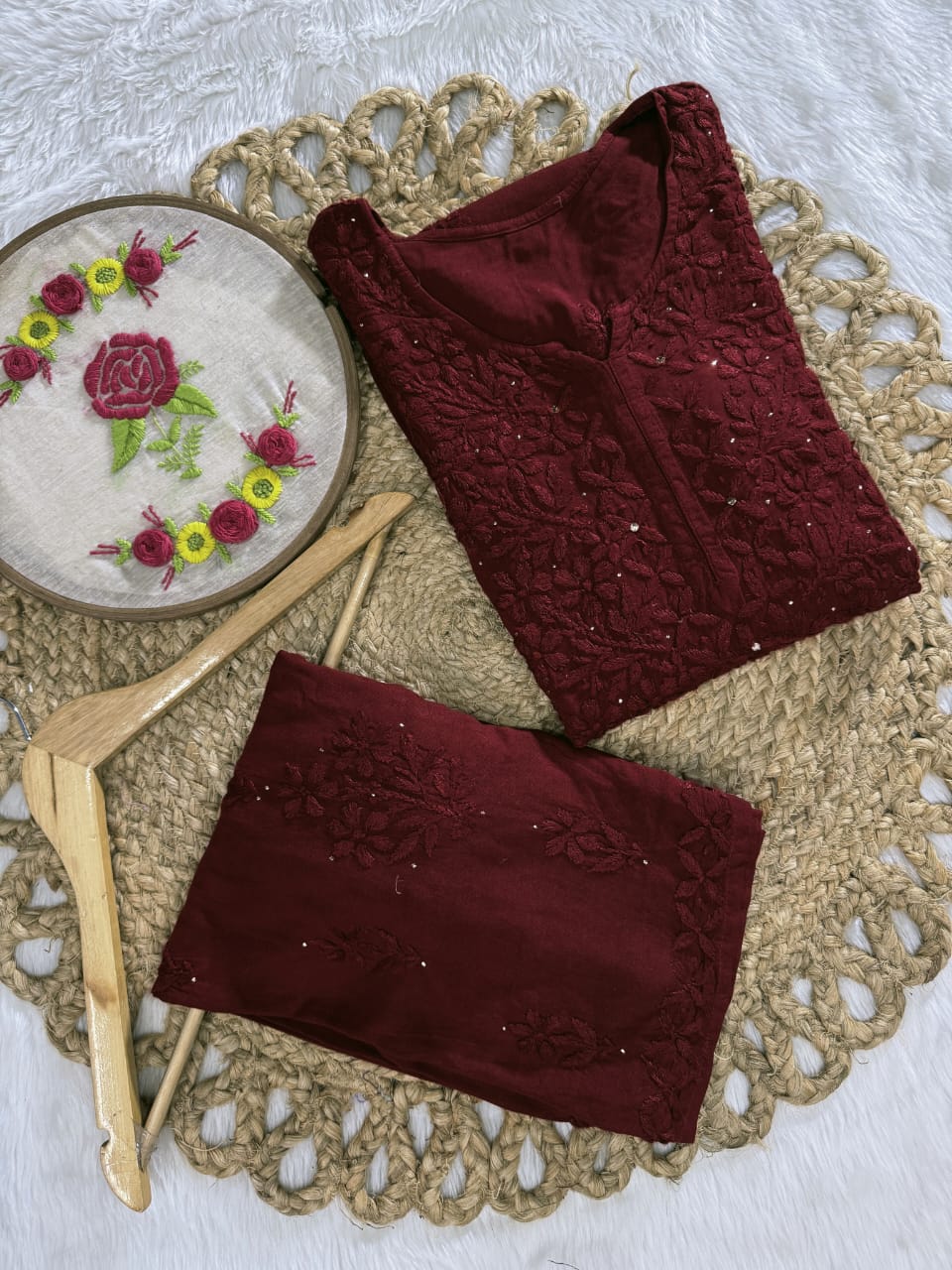 Firdous Rayon Mukaish Hand-Embroidered Kurti and Palazzo Set Design By Samiya Chikankari | Limited Edition