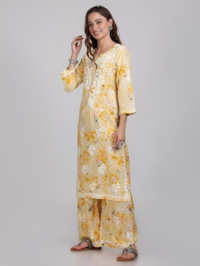 Samiya Chikankari Lucknowi Hand Embroidered Mulmul Kurti & Palazzo Set – Ghas Patti Chikan Work Handmade