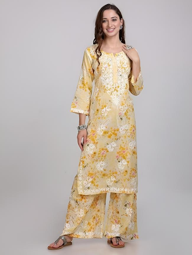 Samiya Chikankari Lucknowi Hand Embroidered Mulmul Kurti & Palazzo Set – Ghas Patti Chikan Work Handmade