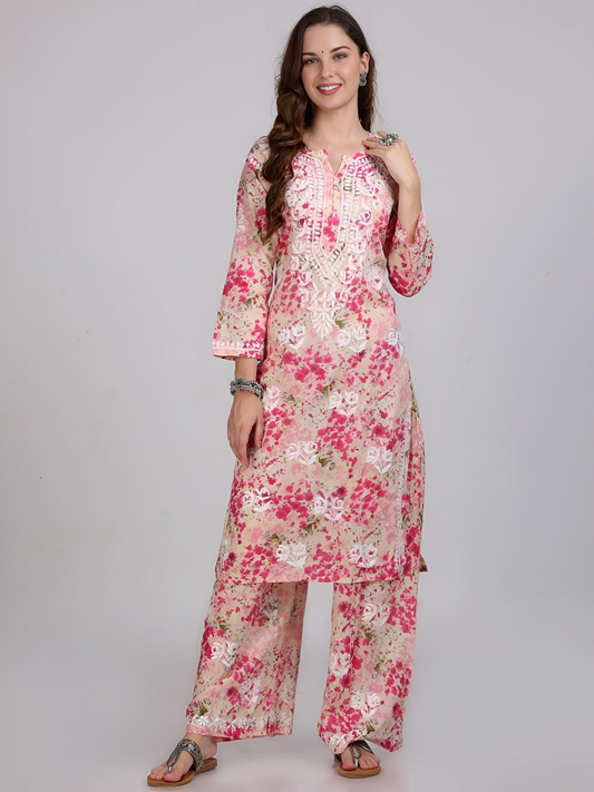 Samiya Chikankari Lucknowi Hand Embroidered Mulmul Kurti & Palazzo Set – Ghas Patti Chikan Work Handmade