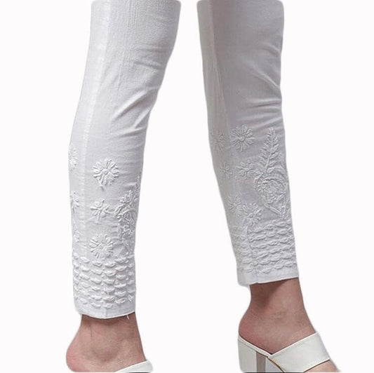 Samiya Chikankari Streachable Lycra Pants with Chikankari Hand Embroided for Women with Both Side Pockets White