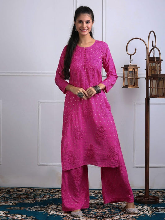 Samiya Chikankari Women's Premium Chanderi Chikankari Kurti and Palazzo Set with Intricate Handwork