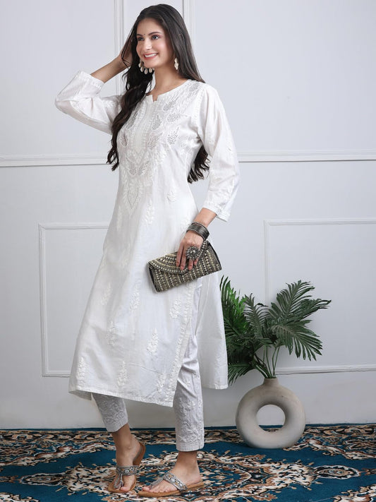 Samiya Chikankari Premium 3D Chikankari Kurti in Chanderi Silk with Mukaish Work - Hand Embroided