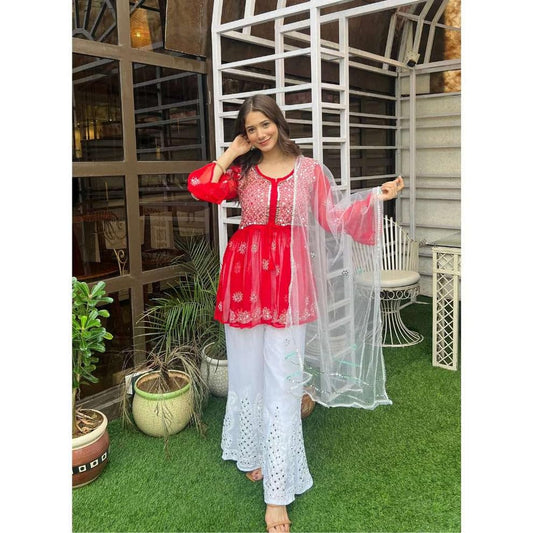 Samiya Chikankari Handmade Mirror Work Short Gown with Sharara and Mirror Work Dupatta - 3pc Set
