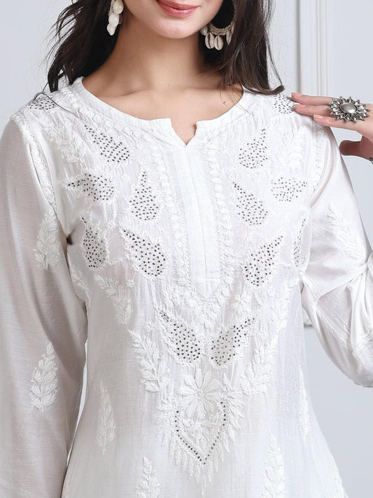 Samiya Chikankari Premium 3D Chikankari Kurti in Chanderi Silk with Mukaish Work - Hand Embroided