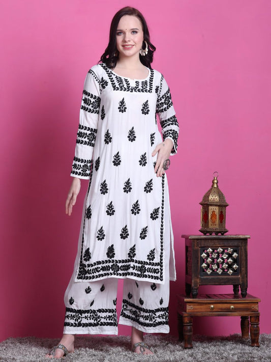 Samiya Chikankari Lucknowi Hand Embroided White Modal Kurti and Palazzo Set - Embroidery in Black Colour