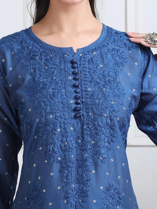 Samiya Chikankari Women's Premium Chanderi Chikankari Kurti and Palazzo Set with Intricate Handwork - Blue