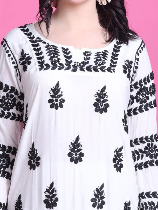 Samiya Chikankari Lucknowi Hand Embroided White Modal Kurti and Palazzo Set - Embroidery in Black Colour